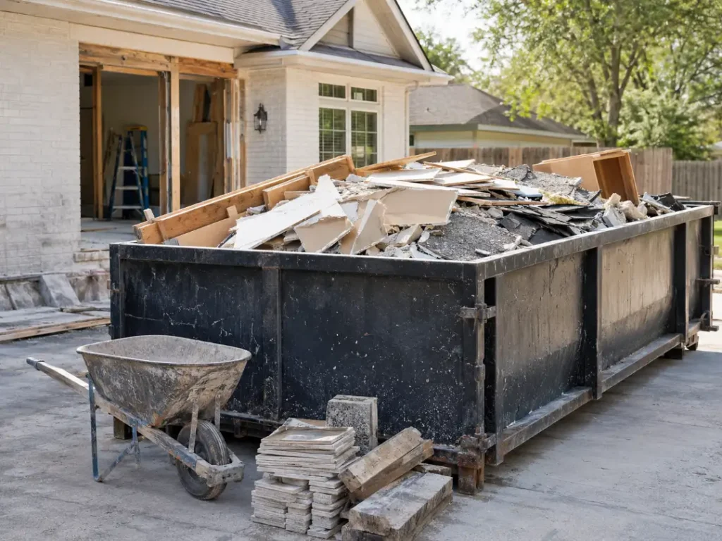 construction dumpster filled with debris house renovation