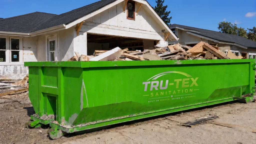 Tru-Tex green roll-off dumpster at a home renovation site